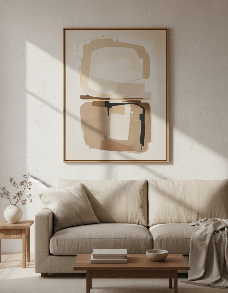 Living room with abstract art in a minimal interior