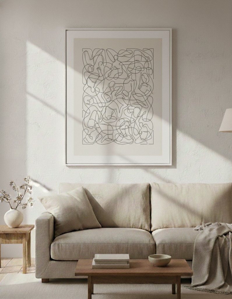 Living room with line art in a minimal interior