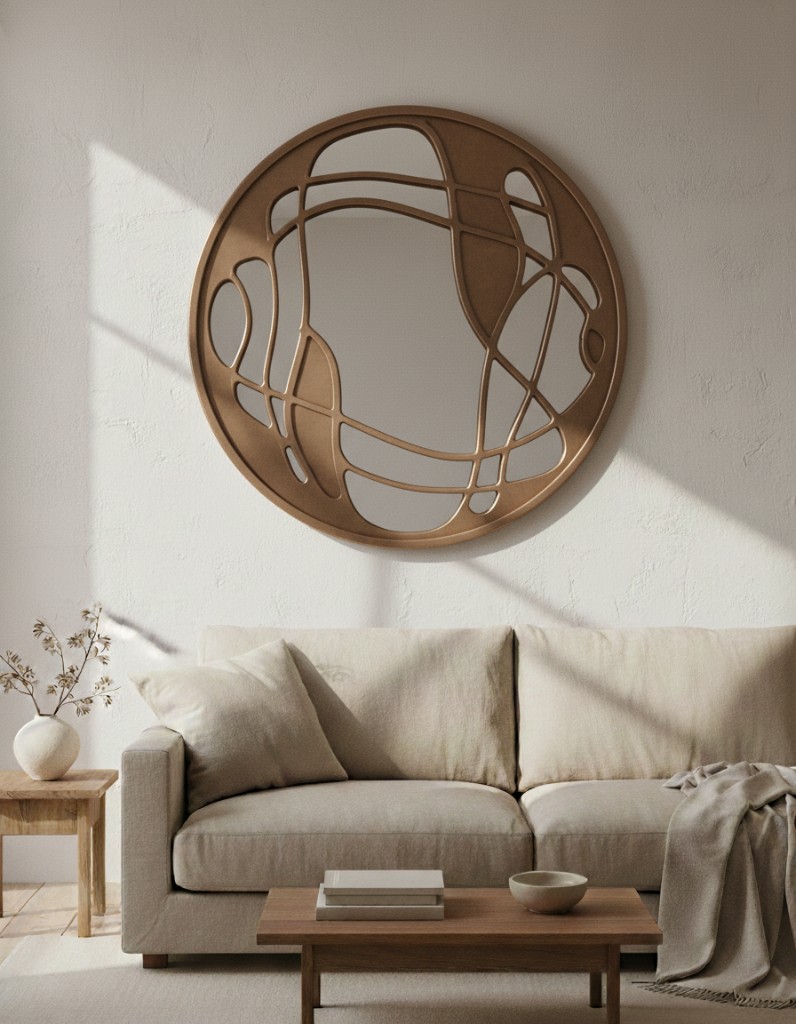 Living room with circular mirror art in a minimal interior